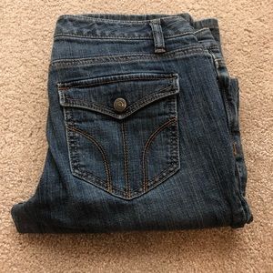 Ann Taylor Loft medium wash slim boot cut jeans.